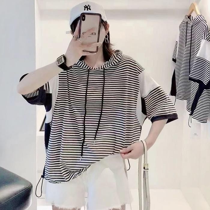 Kaos Hoodie Garis Hitam Putih Panel Polos Oversize Korea Import ~ Defect Sale