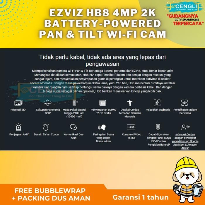 IP cam Ezviz HB8 4MP 2K+ Smart CCTV Outdoor Cam Rechargeable Battery