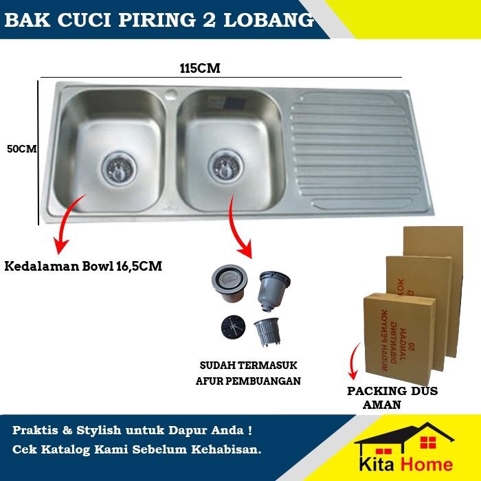 WASTAFEL / BAK CUCI PIRING 2 LOBANG UKURAN 115CM STAINLESS KOMPLIT / BAK CUCI PIRING ANTI KARAT /
