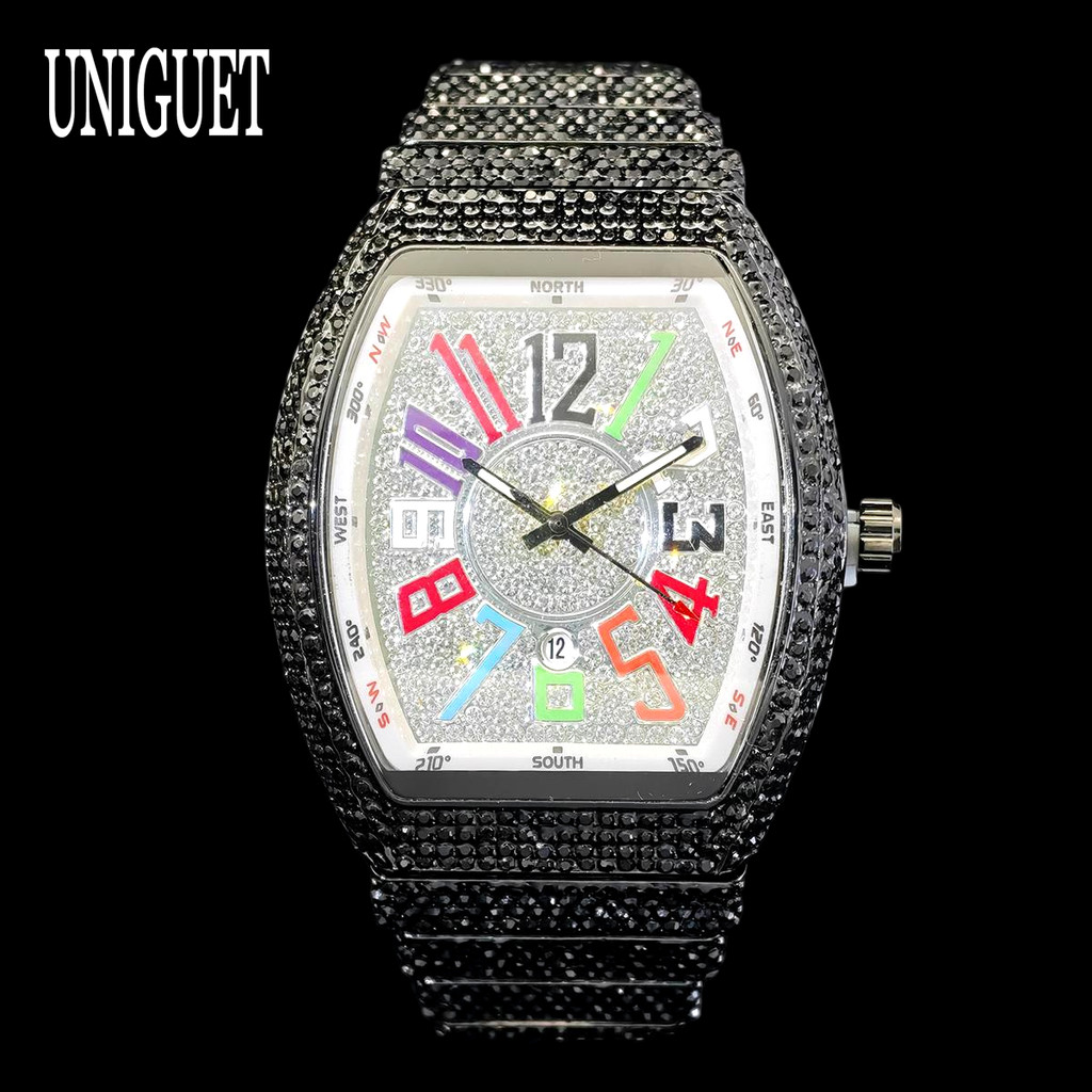 Luxury Brand UNIGUET Hip Hop Diamond Quartz Watch For Men Fashion Tonneau Color Digital Dial Ice out