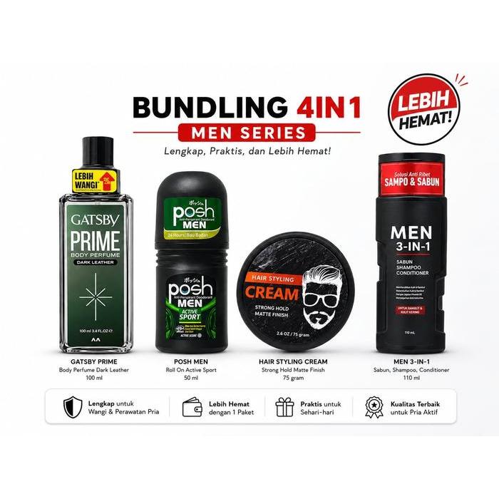 Paket 4IN1 Posh Men FN MAN ROMEO [Bodywash,Deo Roll on,Styling wax,Parfume]