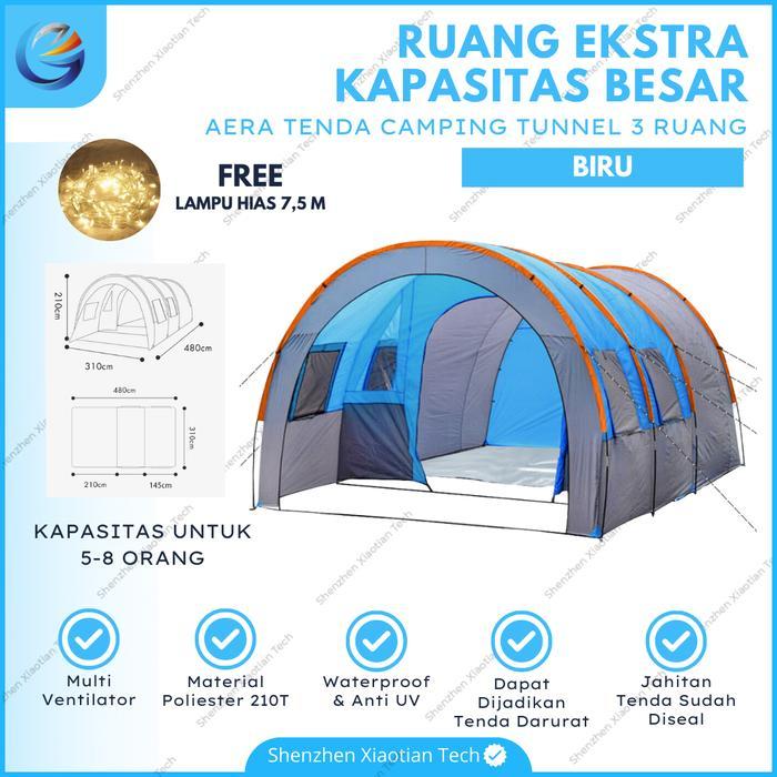 Tenda Tunnel Camping Aera 5-8 Orang | Tunnel Tent Keluarga 3 Ruangan - Tunnel Biru
