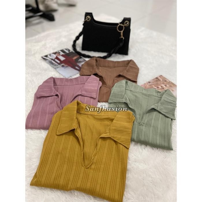 Sanfhasion~miki crop top atasan wanita rib kerah v