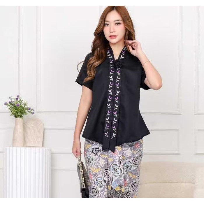 JUMBO ATASAN KEBAYA PESTA HITAM FLOY BALOTELLY BORDIR BUNGA TANGAN PENDEK LD 92- LD 120