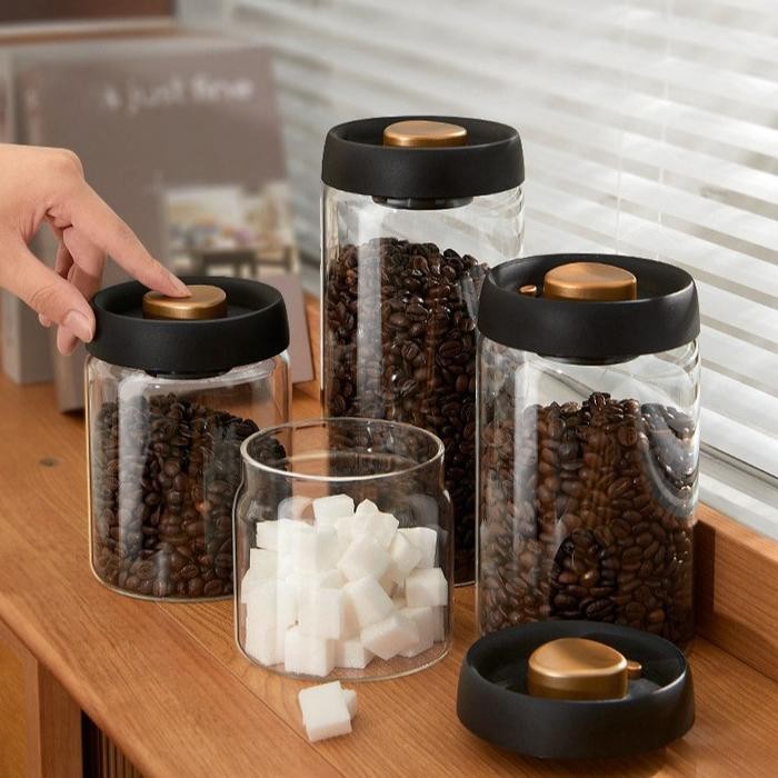 Toples Kopi Vakum Kaca [500ml/900ml/1200ml/1800ml] - Penyimpanan Kedap Udara, Desain Elegan (Hitam