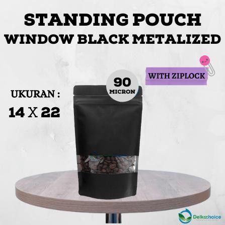 STANDING POUCH KLIP WINDOW METALIZE HITAM - KEMASAN MAKANAN 14X22