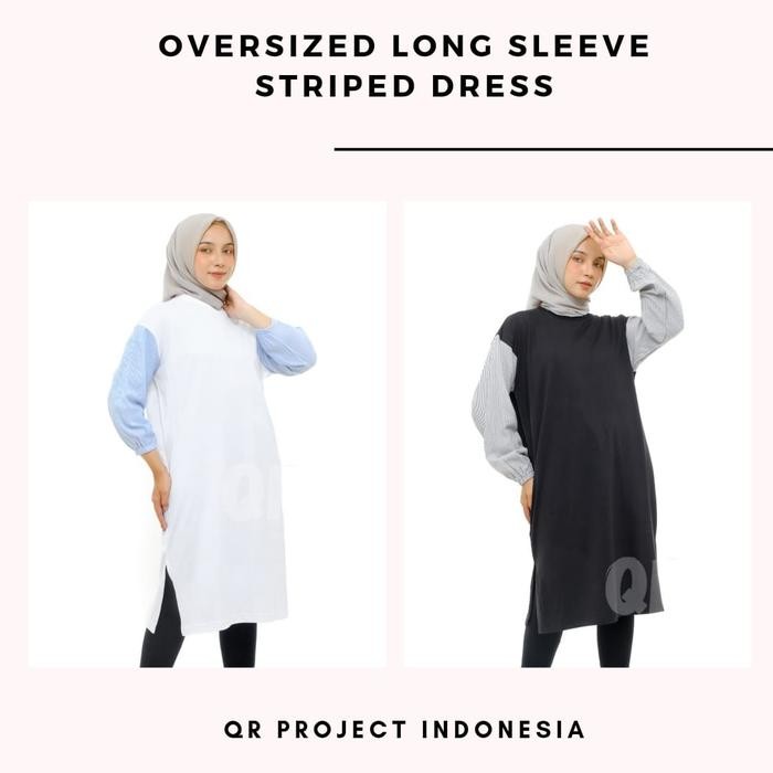 080j- Dress Oversize Tunik Lengan Panjang Salur Cotton Combed 20S Mix Cotton Stripe