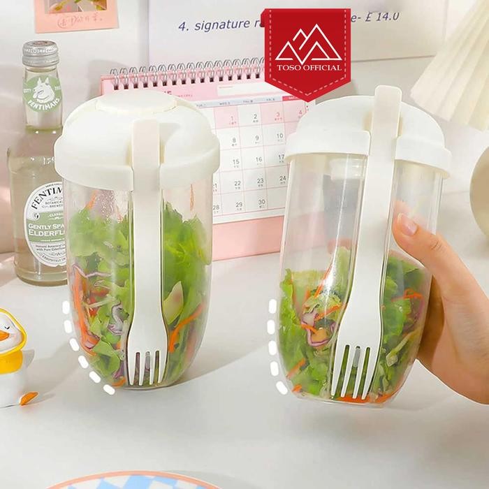 nfin- Kotak Makan Buah Sayur Salad + Garpu Salad Cup Portable Dressing Container 1 Ltr Gelas