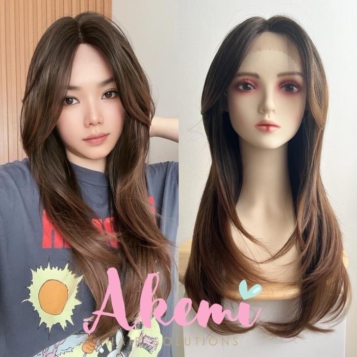 yqta- [Akemi Hair] - Lace Front Wig Akemi - Curtain Bangs Lurus Layer 60Cm [ Wig Wolfcut