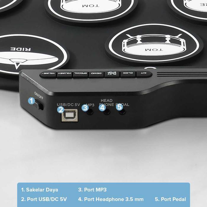 Roll Up Drum Elektrik Gulung Portable (Suara Drum Asli) Electronic Drum Kit 7 Pads Dilengkapi Pedal