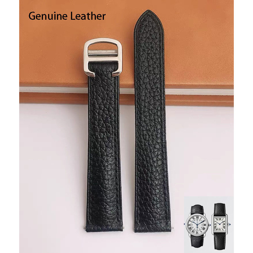Genuine Leather Watch Strap Suitable for Cartier Santos Tank Solo Watchband Cowhide Watchstrap Black