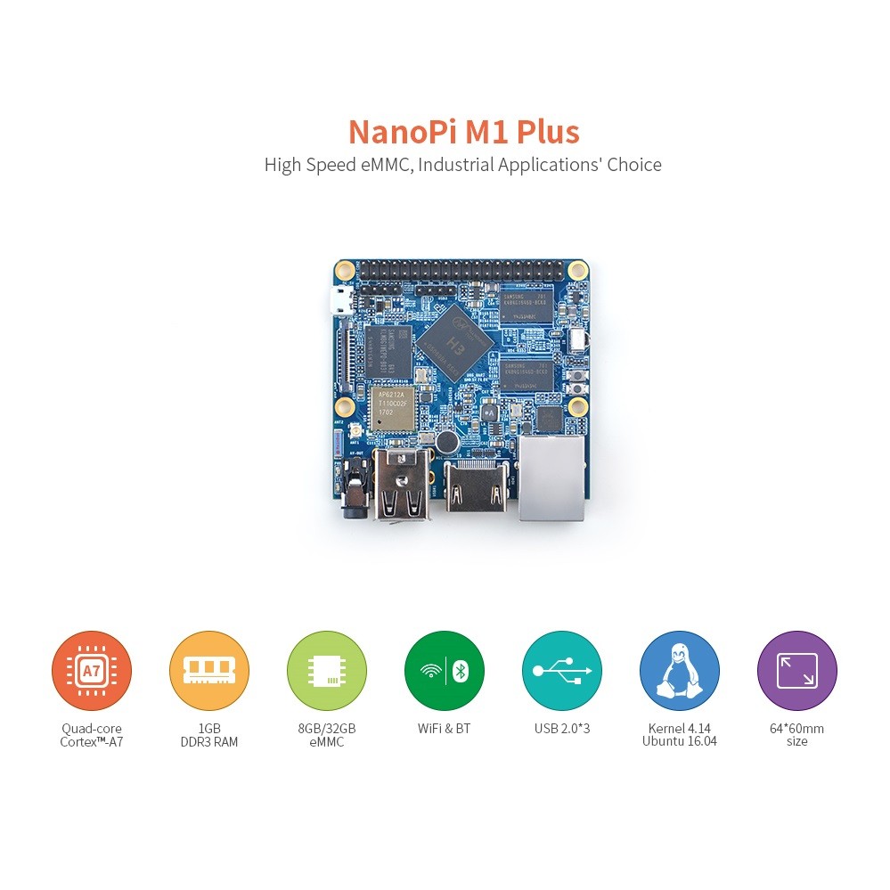 NanoPi M1 Plus (1G DDR RAM/8G eMMC) Allwinner H3 Quad Cortex-A7,1.2GHz,Wifi&BT,USB2.0,HDMI