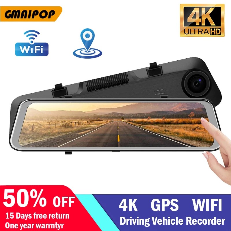 4K Dash Cam Mirror Car DVR GPS Wi-Fi RearView Mirror Dash Cam  Black