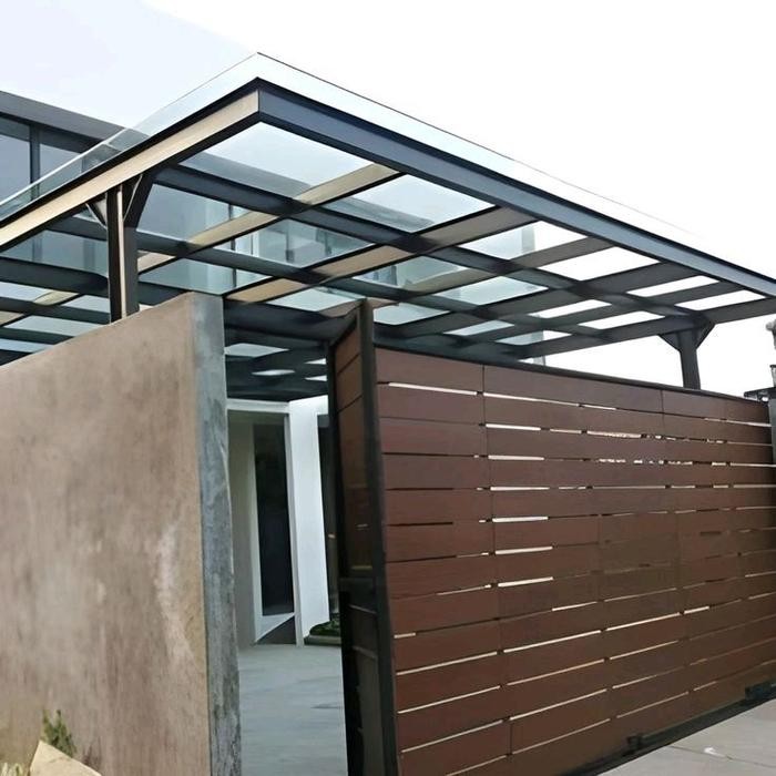 Kanopi kaca tempered 10mm rangka besi hollow galvanis 5x10