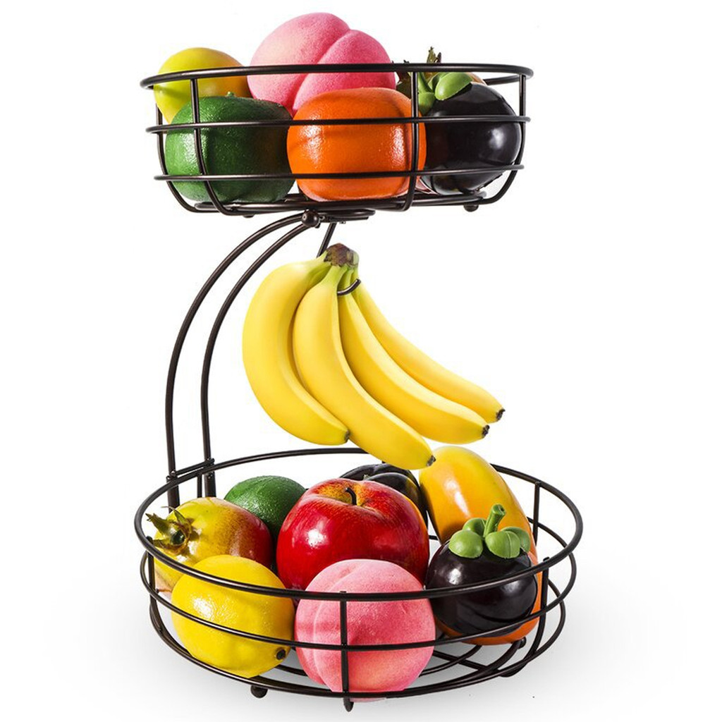 Leeseph 2-Tier Countertop Fruit Basket Bowl, Fruit Basket With Banana Hanger, Metal Wire Fruits Stan