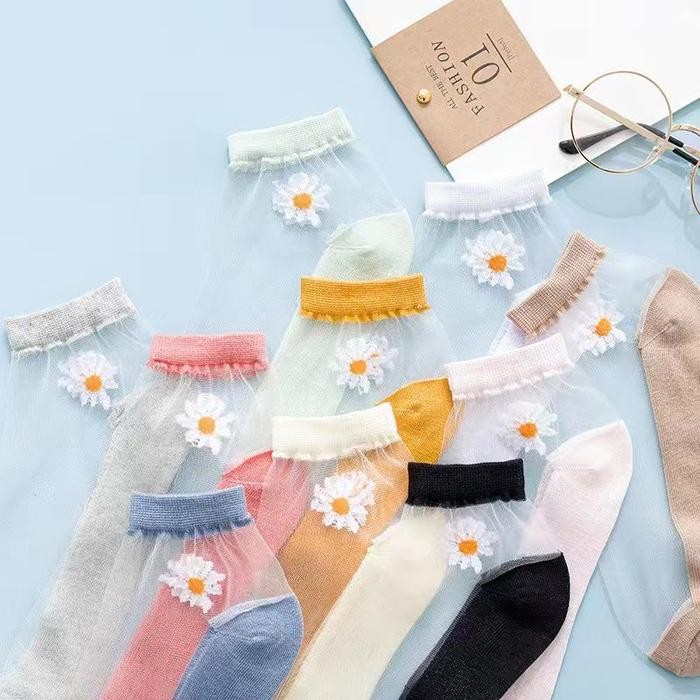 KAOS KAKI TRANSPARAN MOTIF BUNGA DAISY / KAOS KAKI WANITA PENDEK KOREA