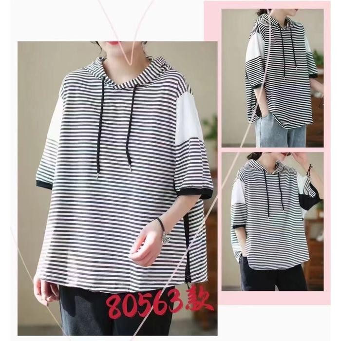 Kaos Hoodie Garis Hitam Putih Panel Polos Oversize Korea Import ~ Defect Sale