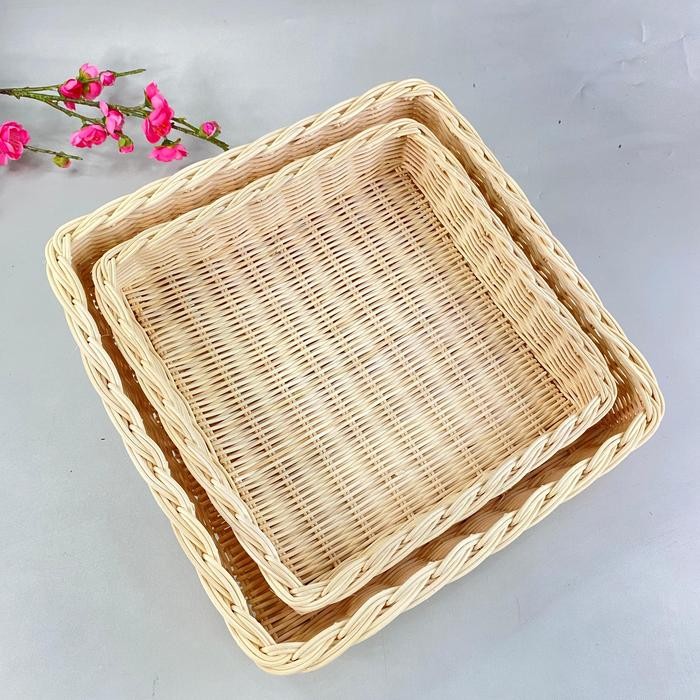 Nampan Rotan Kotak Mika/ Nampan Hantaran/ Nampan Kue mika 30 & 25 CM + Bunga Rustic C