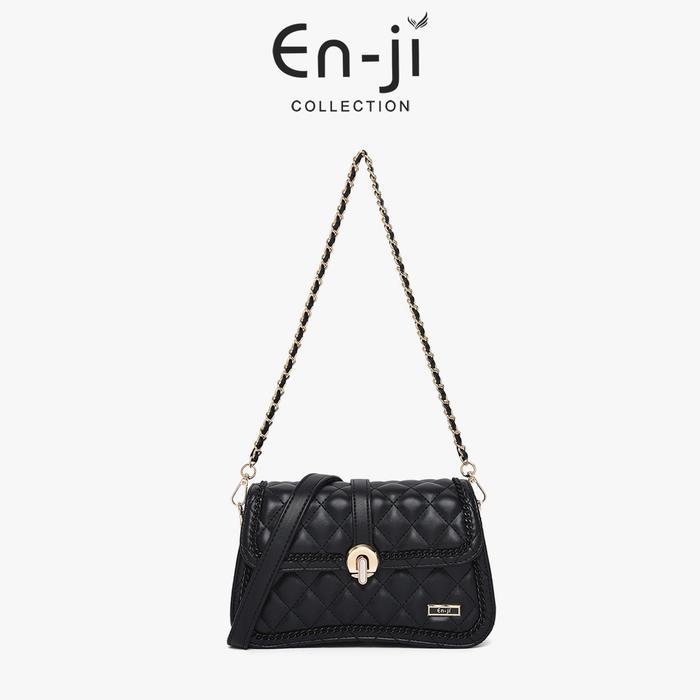 En-ji Jimon Shoulderbag Tas Bahu Wanita Warna Hitam, Bahan Pu Leather, Aksen Rantai dan Stitches, Ta