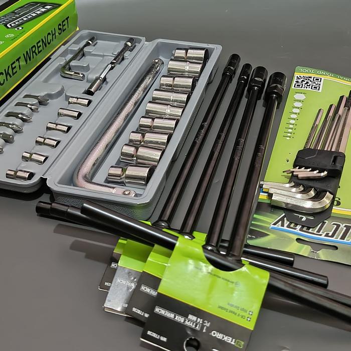 KOMPLIT PAKET BENGKEL TEKIRO Kunci T Set 4 Pcs + Kunci Ring Pas 11 Pcs + Kunci Shock 27 Pcs - L Set