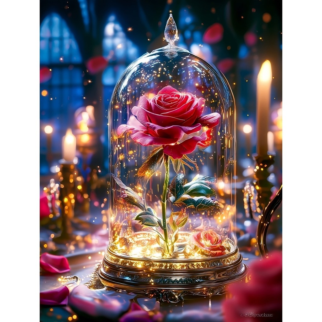 Frameless Round Diamond Painting Kit, Rose, 5D Diamond Painting, All- Rhinestone Mosaic Painting Kit