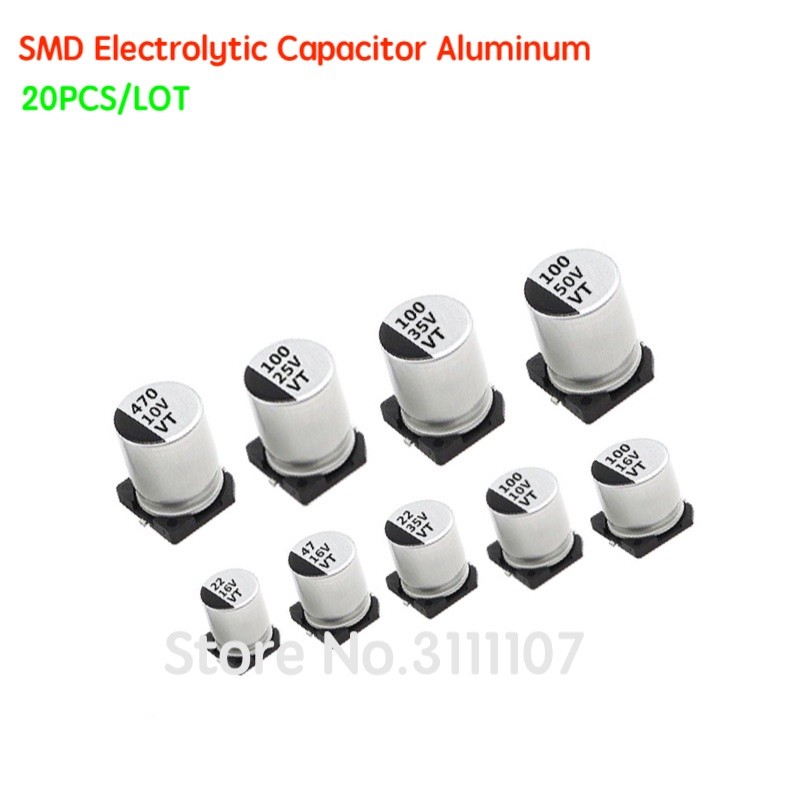 20PCS/LOT SMD Electrolytic Capacitor Aluminum 6.3V 10V 16V 25V 35V 50V 1UF 2.2UF 4.7UF 10UF 47UF