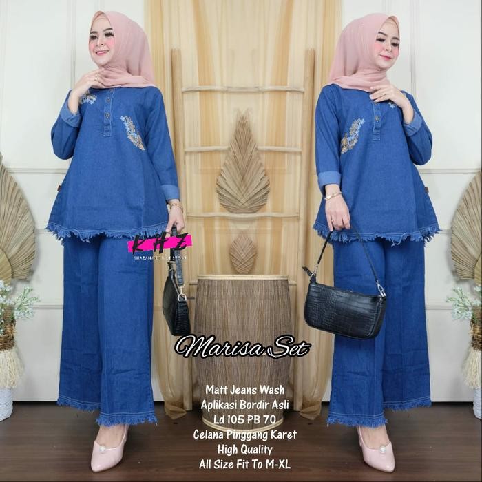 ASLI MARISA SETELAN WANITA TUNIK& CELANA MAT JEANS BAWAH RAWIS LD 105CM READY STOCK
