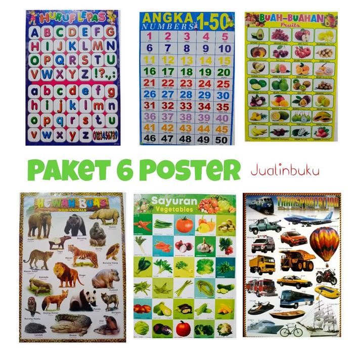 

New Paket 6 Pcs Poster Anak Huruf Abjad, Angka, Hewan, Buah, Sayur, dan Transportasi