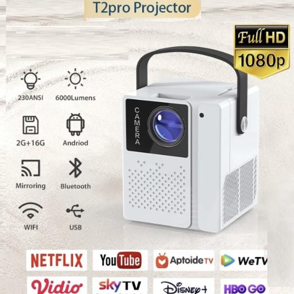 Proyektor T2 PRO 230 ANSI 6000 Lumen HD Proyektor Mini Portable Home Theater Projector Android TV