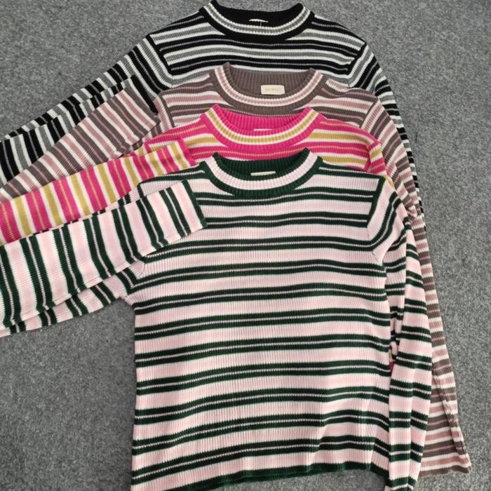 Pilihan- Shopyfu Iner Loka Rajut Stripe Lengan Panjang Wanita Iner Rajut Iner Baju Knitwear