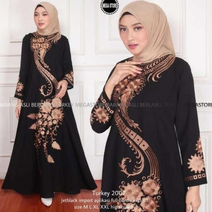 Gamis arab premium bordir komputer Poliester Hitam Lembut Mewah Turki Dress Muslim Cantrik Baju