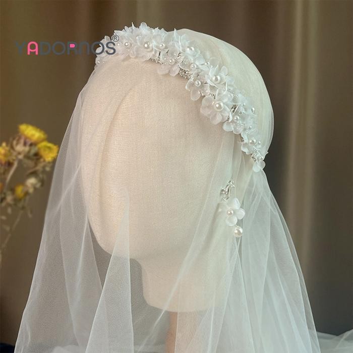 YADORNOS Hiasan kepala pengantin Korea set ikat kepala putih bunga peri super gaun pengantin