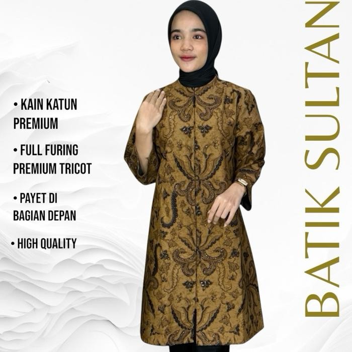 Tunik Batik Wanita Cewe Atasan Panjang Mewah Premium Elegan Payet Hitam Coklat Kondangan Full Furing
