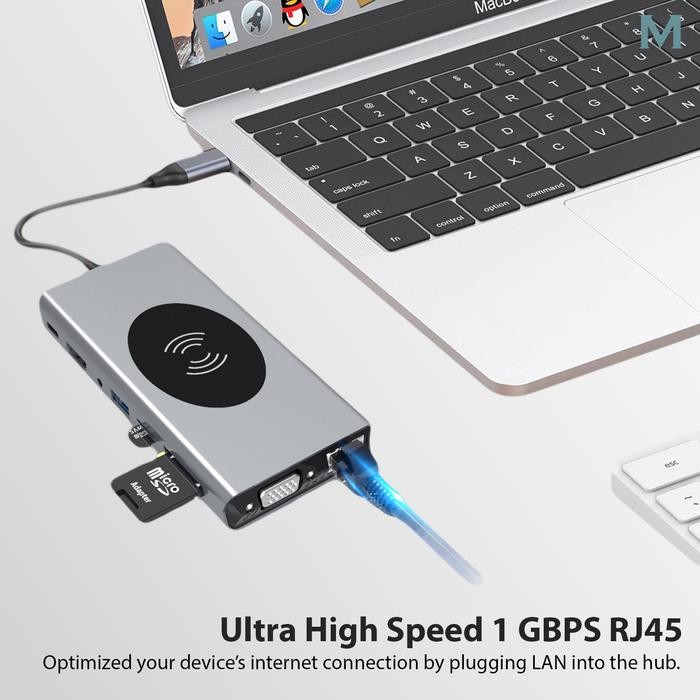 MILS 15 in 1 USB Type C Hub USB 3.0 Micro SD RJ45 HDMI Wireless Charge - CHUB15