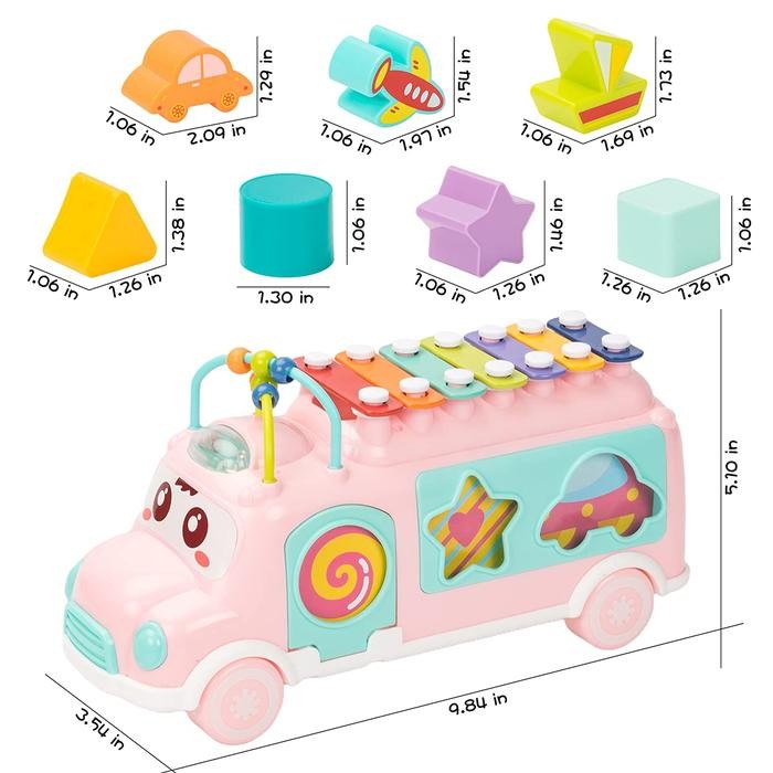 q2qh- Mainan Baby Bus Music Shape Sorting Puzzle Xylophone Musik Mobil