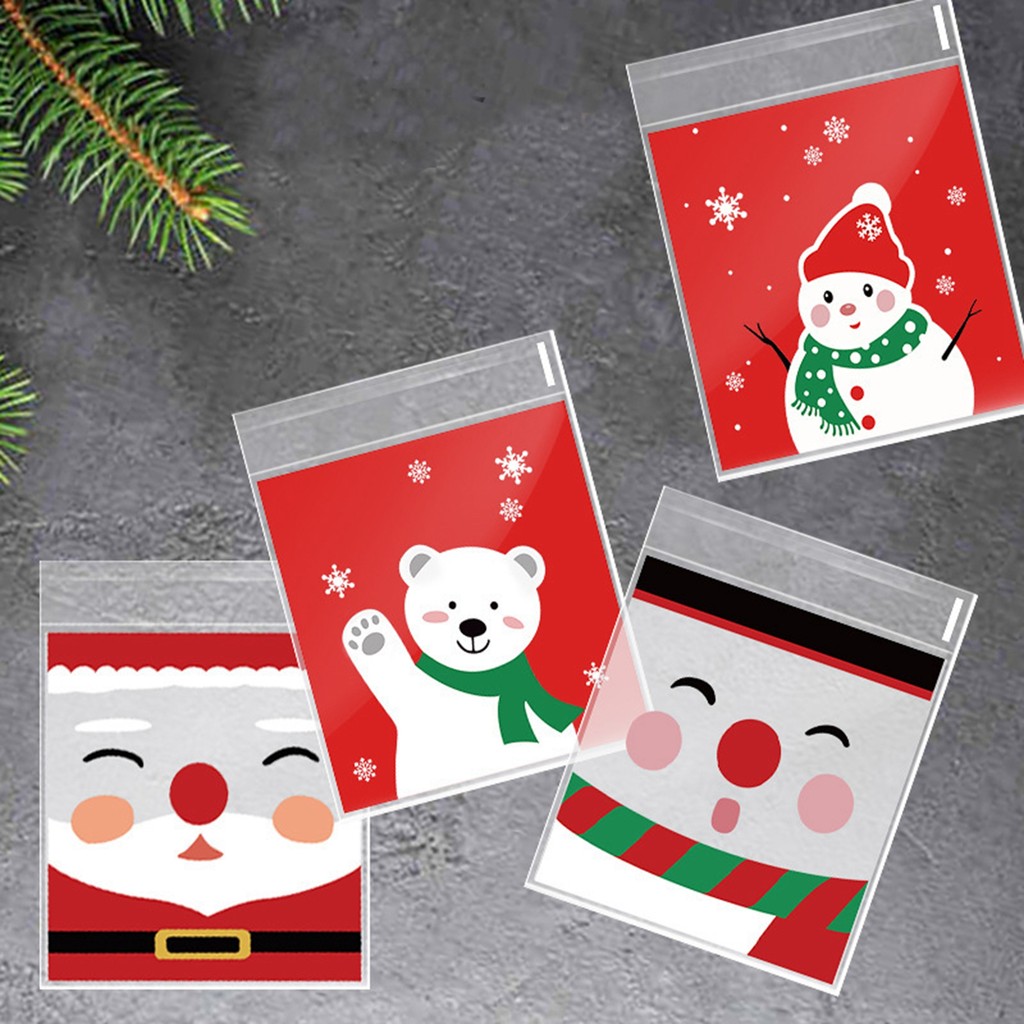 100Pcs Christmas Candy Cookie Gift Bags Plastic Self-adhesive Biscuits Snack Packaging Bags Xmas Par