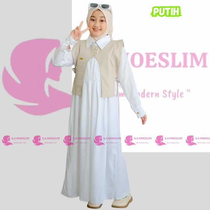 TERLARIS S.A MOESLIM-Nadin Dress Gamis Anak Putih Modern Gamis Lebaran Gamis Anak Bahan Rayon Twill
