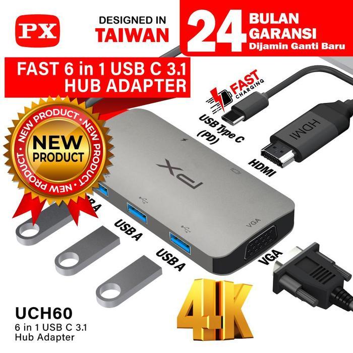 CONVERTER HUB ADAPTER 6 IN 1 TYPE C 3.1 TO HDMI 4K VGA USB PX UCH60