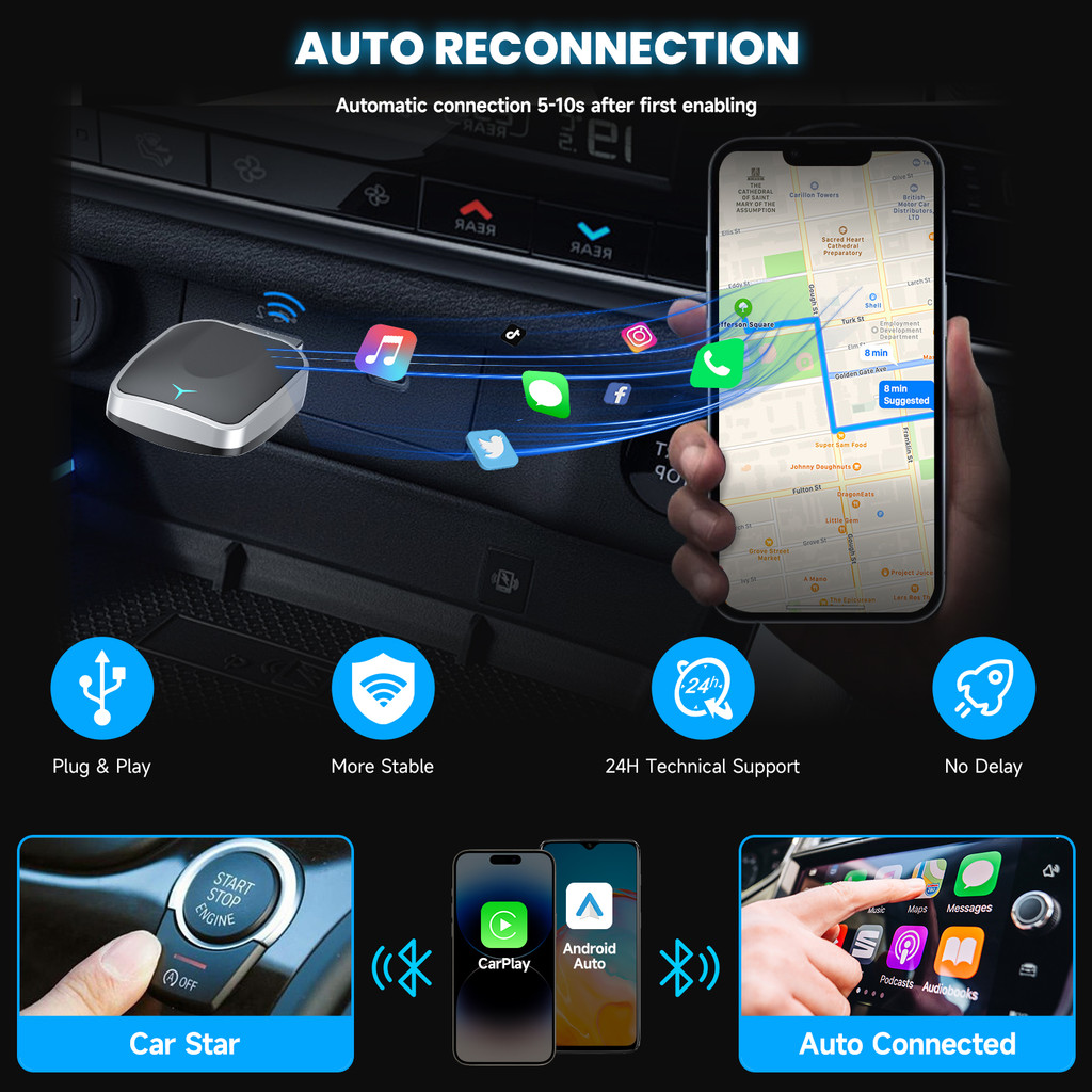 Wireless CarPlay & Android Auto Adapter, Plug & Play Dongle for iOS 10+ / Android 11+ USB-A/C