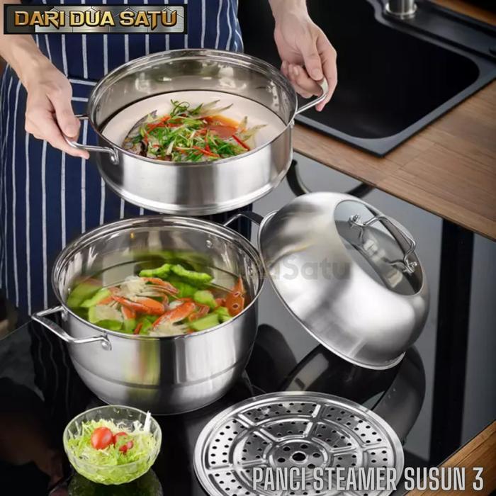 Panci Steamer Susun 3 Stainless Steel Panci Kukus