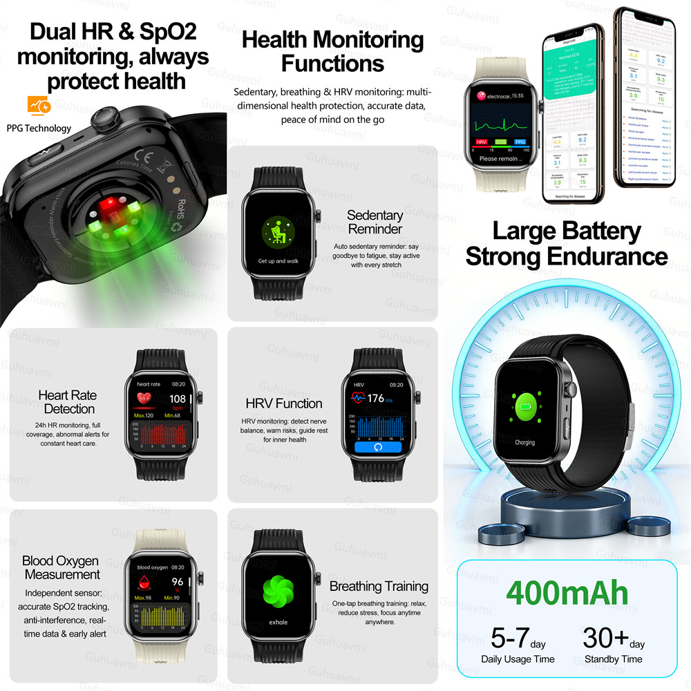 ECG Smartwatch AMOLED Screen Airbag air pump Smartwatch Blood Pressure Measure Micro physical