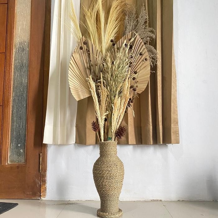 Paket Dekorasi Rustic dan Pot Guci Tinggi 50cm / Daun Palem Kering / Paket Bunga Kering Murah /