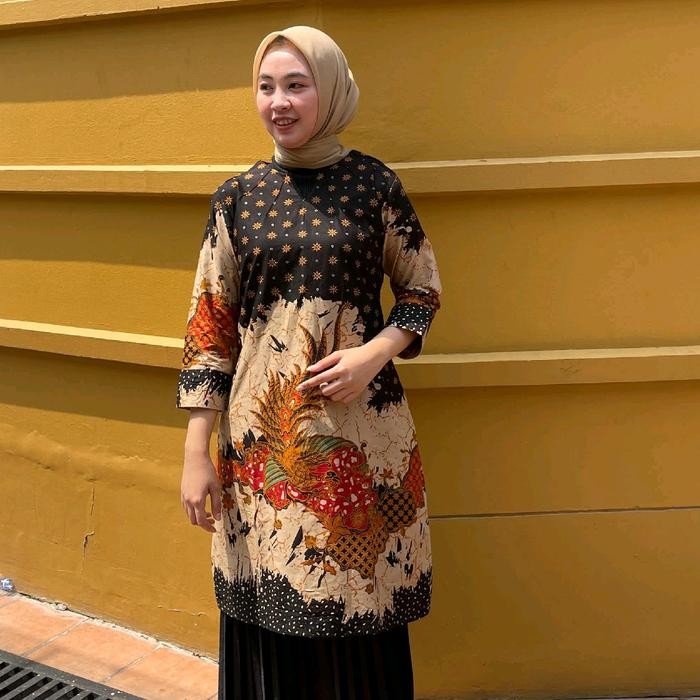Tunik Batik Motif Kaswari Bahan Katun Model Resleting Belakang Kain Kombinasi Hitam ( tangan random