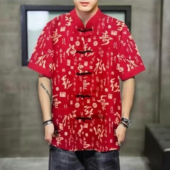 ORIGINAL BAJU IMLEK PRIA KEREN KEMEJA SHANGHAI CHINA CHEONGSAM BAHAN PREMIUM TULISAN HURUF MANDARIN