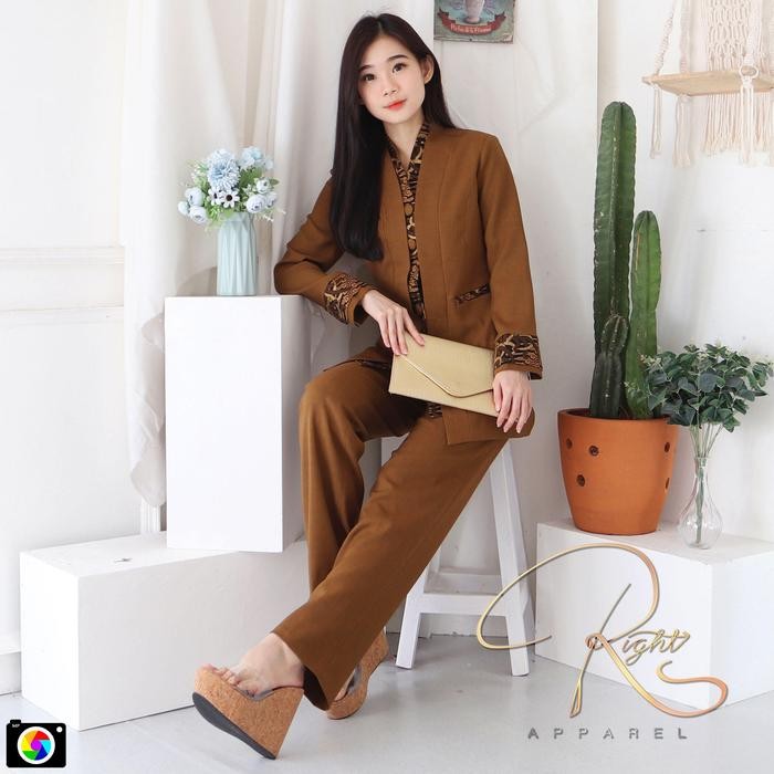 [Vanerick] - Jas Blazer Wanita Guru Pns Batik Set Rok Span / Celana Jas Pemda Wanita Coklat Khaki