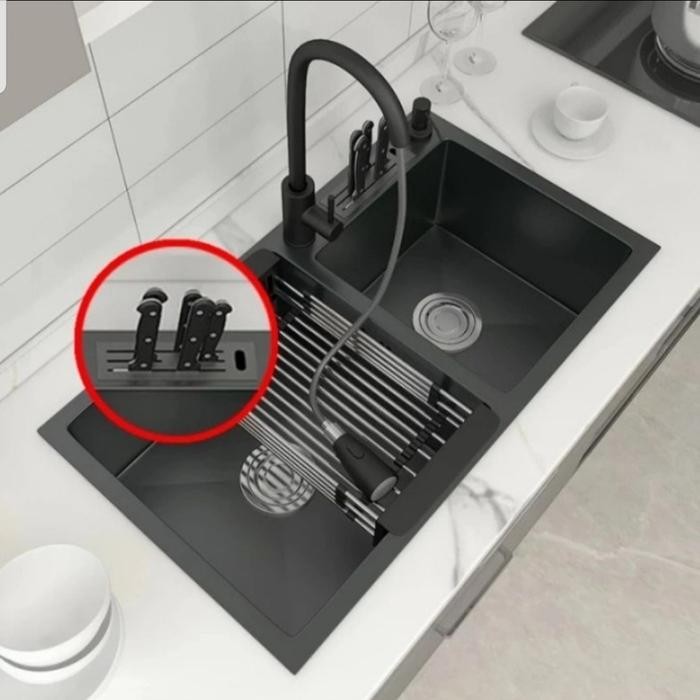 Kitchen Sink 8245 black model bolzano paket lengkap kran tarik