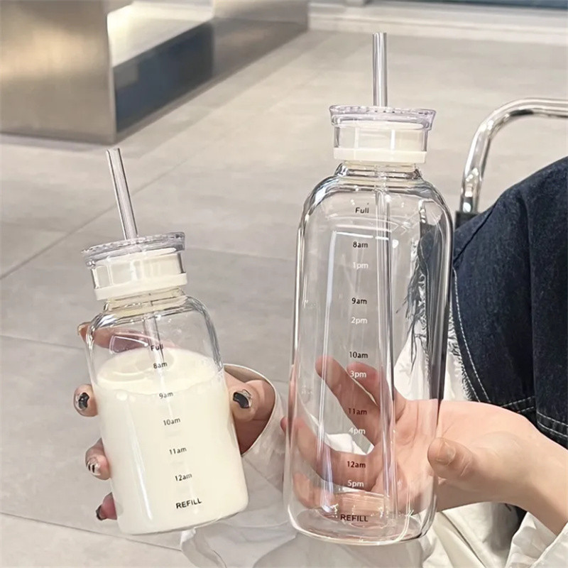 Transparent Glass Water Bottle With Time Scale Milk Juice Coffee Glass Cup With Lid And Straw