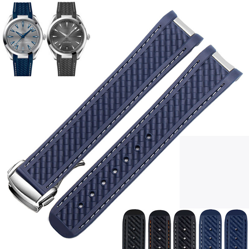 Rubber Watchband For Omega AT150 Seamaster 300 AQUA TERRA Diving watches straps Black Blue Silicone