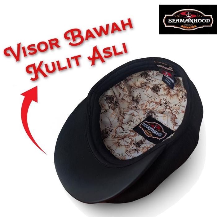 Topi FlatCap Original Seamanhood Ivy Cap Derby Hat Flat Cap Wool Black Kombinasi Kulit