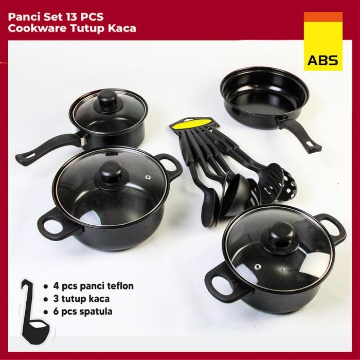 Hongzhuo By ABS Panci Teflon Marble - 13 pcs Cookware Set Tutup Kaca Cookware Panci Set Wajan